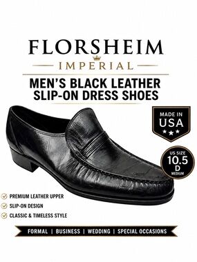Florsheim Imperial Men’s Black Leather Slip-On Dress Shoes US 10.5 D Made in USA